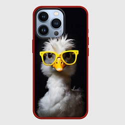 Чехол для iPhone 13 Pro Белый гусь в желтых очках на черном фоне, цвет: 3D-красный