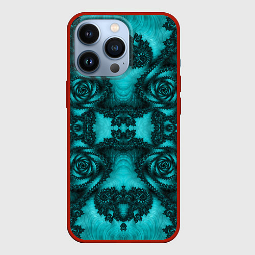 Чехол iPhone 13 Pro Узорные бирюзовые фракталы / 3D-Красный – фото 1