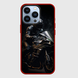 Чехол для iPhone 13 Pro Мотоциклист на спортивном байке черный фон, цвет: 3D-красный
