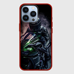 Чехол для iPhone 13 Pro Мотоциклист на спортивном байке черный фон, цвет: 3D-красный