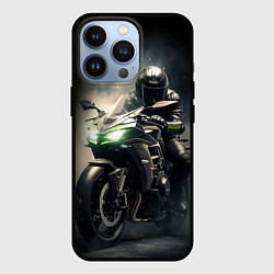 Чехол для iPhone 13 Pro Мотоциклист на спортивном байке с зелеными фарами, цвет: 3D-черный