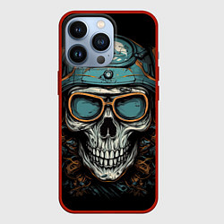 Чехол для iPhone 13 Pro Череп мотоциклиста в очках, цвет: 3D-красный