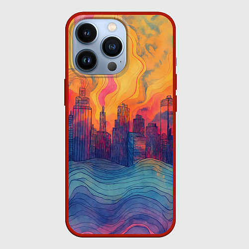 Чехол iPhone 13 Pro Абстрактный город в волнах красок / 3D-Красный – фото 1