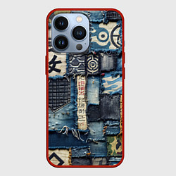Чехол для iPhone 13 Pro Иероглифы на пэчворк дениме, цвет: 3D-красный