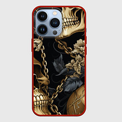Чехол для iPhone 13 Pro Золотые черепа с цепями, цвет: 3D-красный