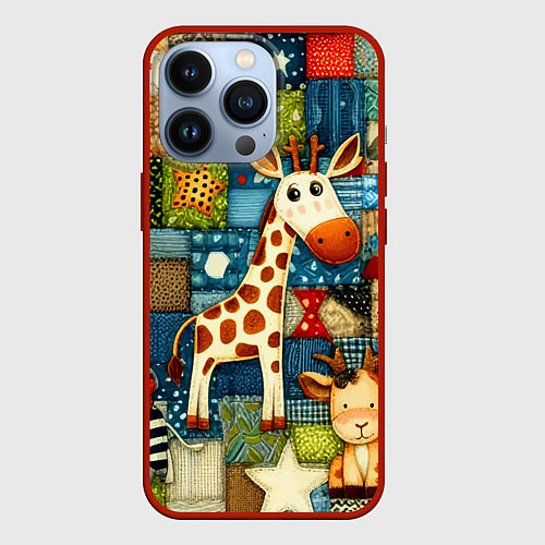 Чехол iPhone 13 Pro Жираф и компания - пэчворк нейросеть / 3D-Красный – фото 1