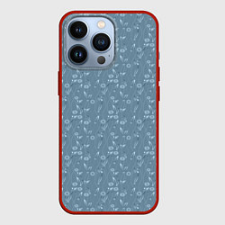 Чехол для iPhone 13 Pro Серо-голубой цветочный однотонный узор, цвет: 3D-красный