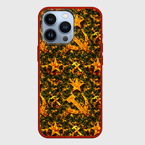 Чехол iPhone 13 Pro Камуфляж в стиле СССР серп и молот / 3D-Красный – фото 1