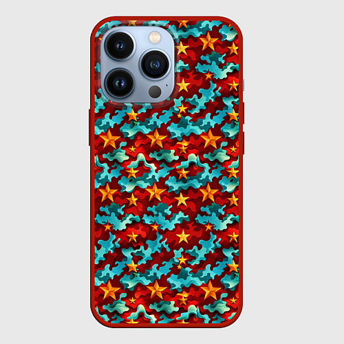 Чехол iPhone 13 Pro Огненные звезды и синее небо СССР / 3D-Красный – фото 1