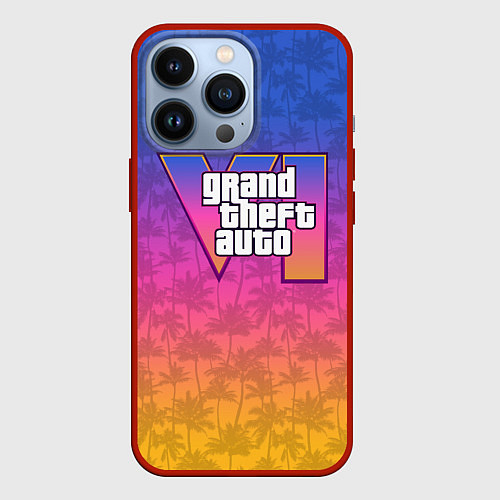 Чехол iPhone 13 Pro GTA 6 - пальмы и логотип / 3D-Красный – фото 1