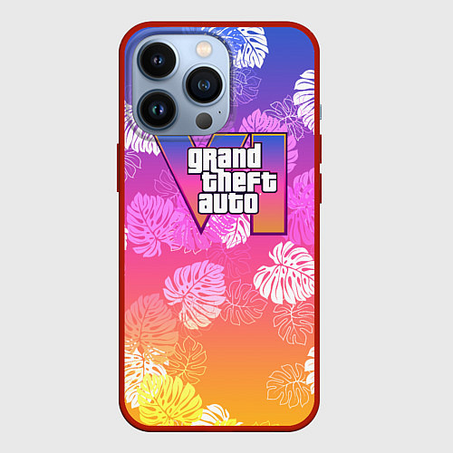 Чехол iPhone 13 Pro Grand Theft Auto VI - пальмы / 3D-Красный – фото 1