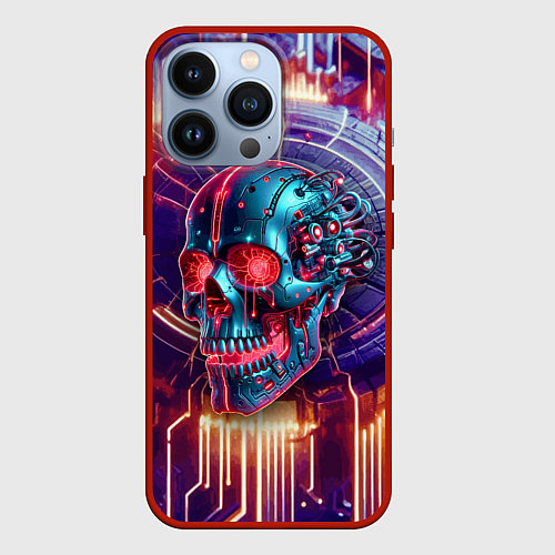 Чехол iPhone 13 Pro Cyber art skull - steel metal / 3D-Красный – фото 1