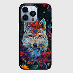 Чехол для iPhone 13 Pro Белый волк с цветами акварелью, цвет: 3D-черный