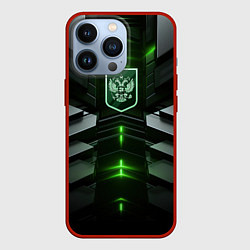 Чехол для iPhone 13 Pro Герб России и яркий зеленый неон, цвет: 3D-красный