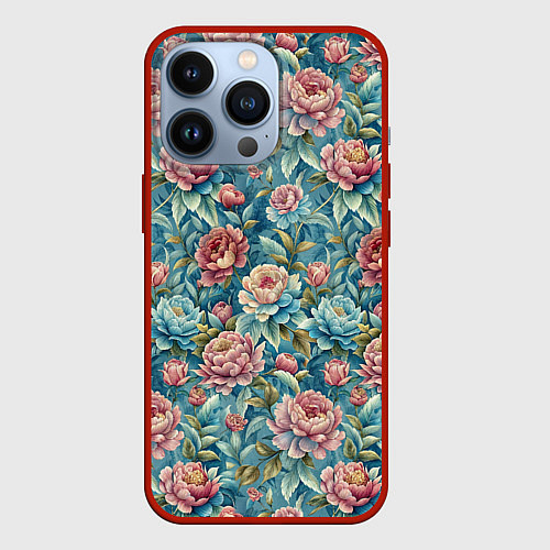 Чехол iPhone 13 Pro Пионы паттерном садовые крупные цветы / 3D-Красный – фото 1