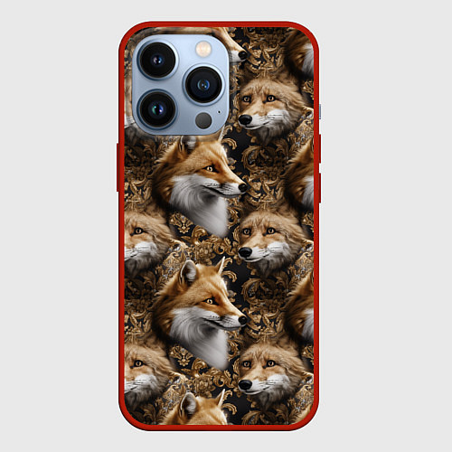 Чехол iPhone 13 Pro Лакшери паттерн с золотыми лисицами / 3D-Красный – фото 1