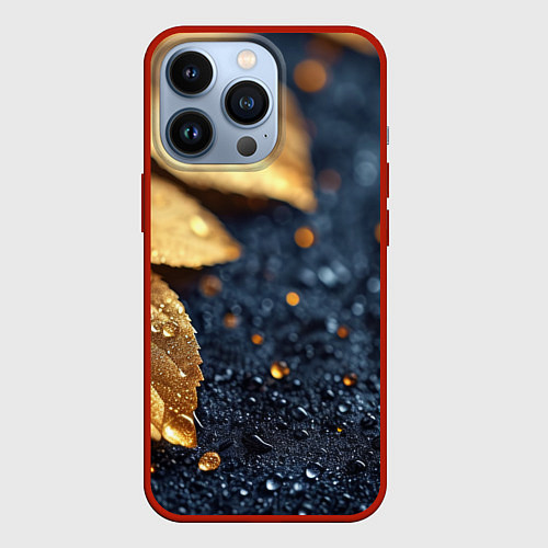 Чехол iPhone 13 Pro Золотые листья на темном фоне / 3D-Красный – фото 1