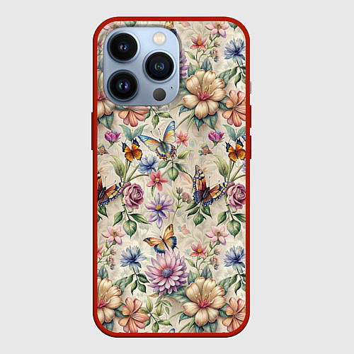 Чехол iPhone 13 Pro Летний узор с цветами и бабочками / 3D-Красный – фото 1