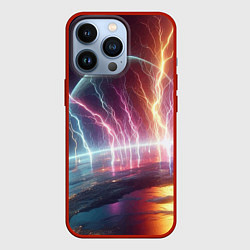 Чехол для iPhone 13 Pro Неоновый космос - разряд молний, цвет: 3D-красный