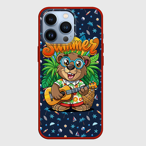 Чехол iPhone 13 Pro Мишка играет на гитаре жарким летом / 3D-Красный – фото 1