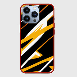Чехол для iPhone 13 Pro Жёлто-белые полосы и чёрный фон, цвет: 3D-красный