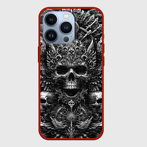 Чехол iPhone 13 Pro Череп с крыльями в узорах / 3D-Красный – фото 1