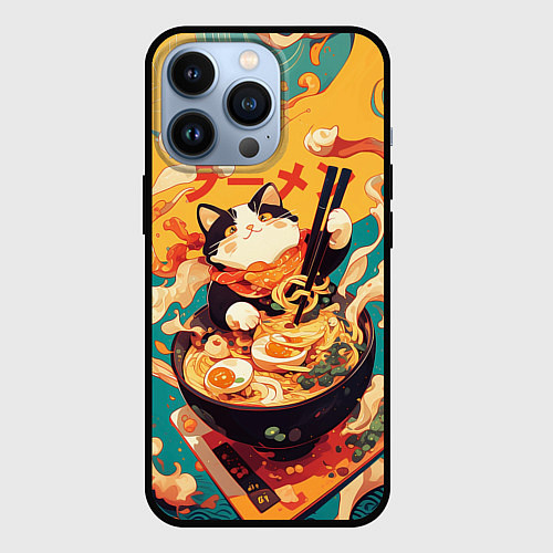 Чехол iPhone 13 Pro The cat eats ramen / 3D-Черный – фото 1