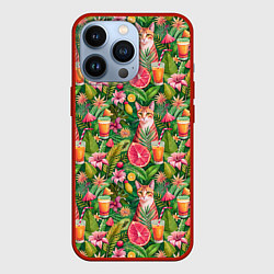 Чехол для iPhone 13 Pro Летний котик с коктейлем в тропических цветах, цвет: 3D-красный