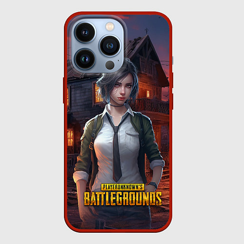 Чехол iPhone 13 Pro PUBG девушка в игре / 3D-Красный – фото 1