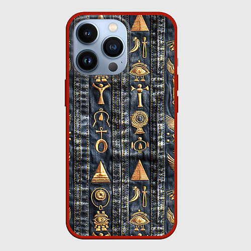 Чехол iPhone 13 Pro Египетские символы на дениме / 3D-Красный – фото 1