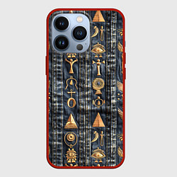 Чехол для iPhone 13 Pro Египетские символы на дениме, цвет: 3D-красный