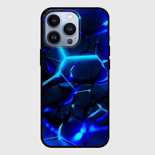 Чехол iPhone 13 Pro Яркие голубые неоновые плиты в разломе / 3D-Черный – фото 1