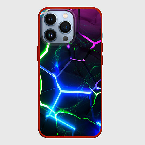 Чехол iPhone 13 Pro Микс из разломленных плит и неоновое свечения / 3D-Красный – фото 1