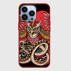 Чехол для iPhone 13 Pro Сова со змеёй в японском стиле, цвет: 3D-красный