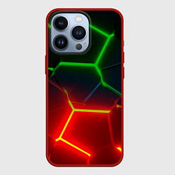 Чехол iPhone 13 Pro Зеленые и красные неоновые плиты в разломе