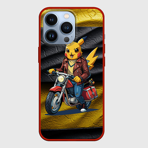 Чехол iPhone 13 Pro Пикачу байкер на мотоцикле / 3D-Красный – фото 1