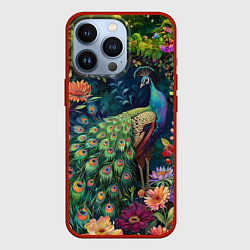 Чехол для iPhone 13 Pro Павлин в саду, цвет: 3D-красный