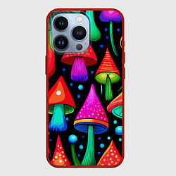 Чехол для iPhone 13 Pro Неоновые мухоморы в горошек, цвет: 3D-красный