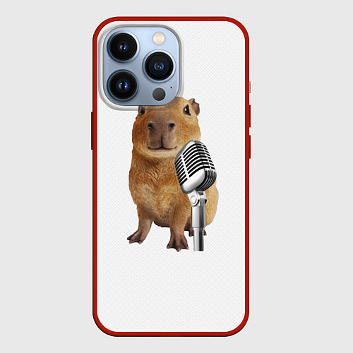 Чехол iPhone 13 Pro Капибара с микрофоном мем / 3D-Красный – фото 1