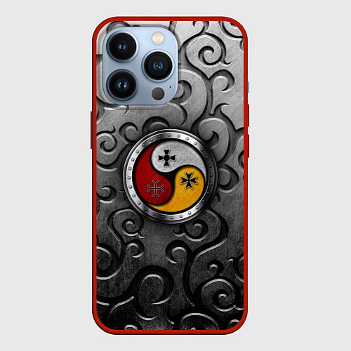 Чехол iPhone 13 Pro Три слезы бога на металическом арнаменте / 3D-Красный – фото 1