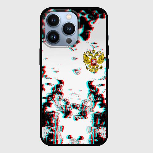 Чехол iPhone 13 Pro Герб РФ глитч краски / 3D-Черный – фото 1