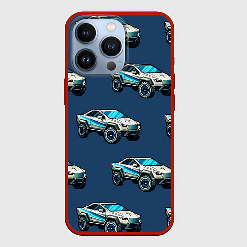 Чехол iPhone 13 Pro Тесла киберпанк паттерн с машинками / 3D-Красный – фото 1