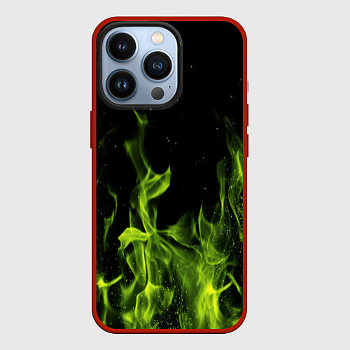 Чехол iPhone 13 Pro Зелёный огонь текстура / 3D-Красный – фото 1