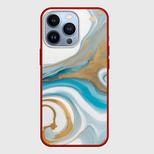 Чехол iPhone 13 Pro Бело-голубой с золотом абстрактный узор / 3D-Красный – фото 1