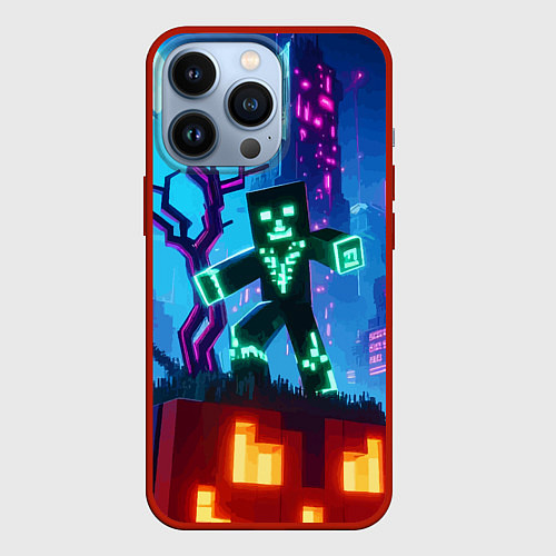 Чехол iPhone 13 Pro Minecraft and halloween - neon glow / 3D-Красный – фото 1