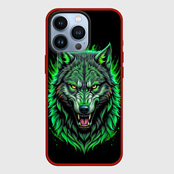 Чехол для iPhone 13 Pro Морда волка в зеленом свете, цвет: 3D-красный