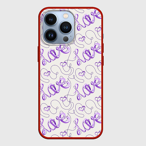 Чехол iPhone 13 Pro Паттерн с надписями Love и сердцами / 3D-Красный – фото 1