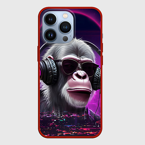 Чехол iPhone 13 Pro DJ monkey - Neon city / 3D-Красный – фото 1