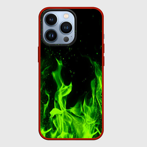 Чехол iPhone 13 Pro Огонь зелёный текстура / 3D-Красный – фото 1