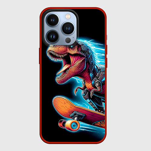 Чехол iPhone 13 Pro Cool Dino on a skateboard - neon glow fantasy / 3D-Красный – фото 1